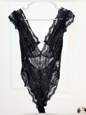 Black Lace Teddy Bodysuit XL Sheer Plunge Lingerie One Piece Stretch